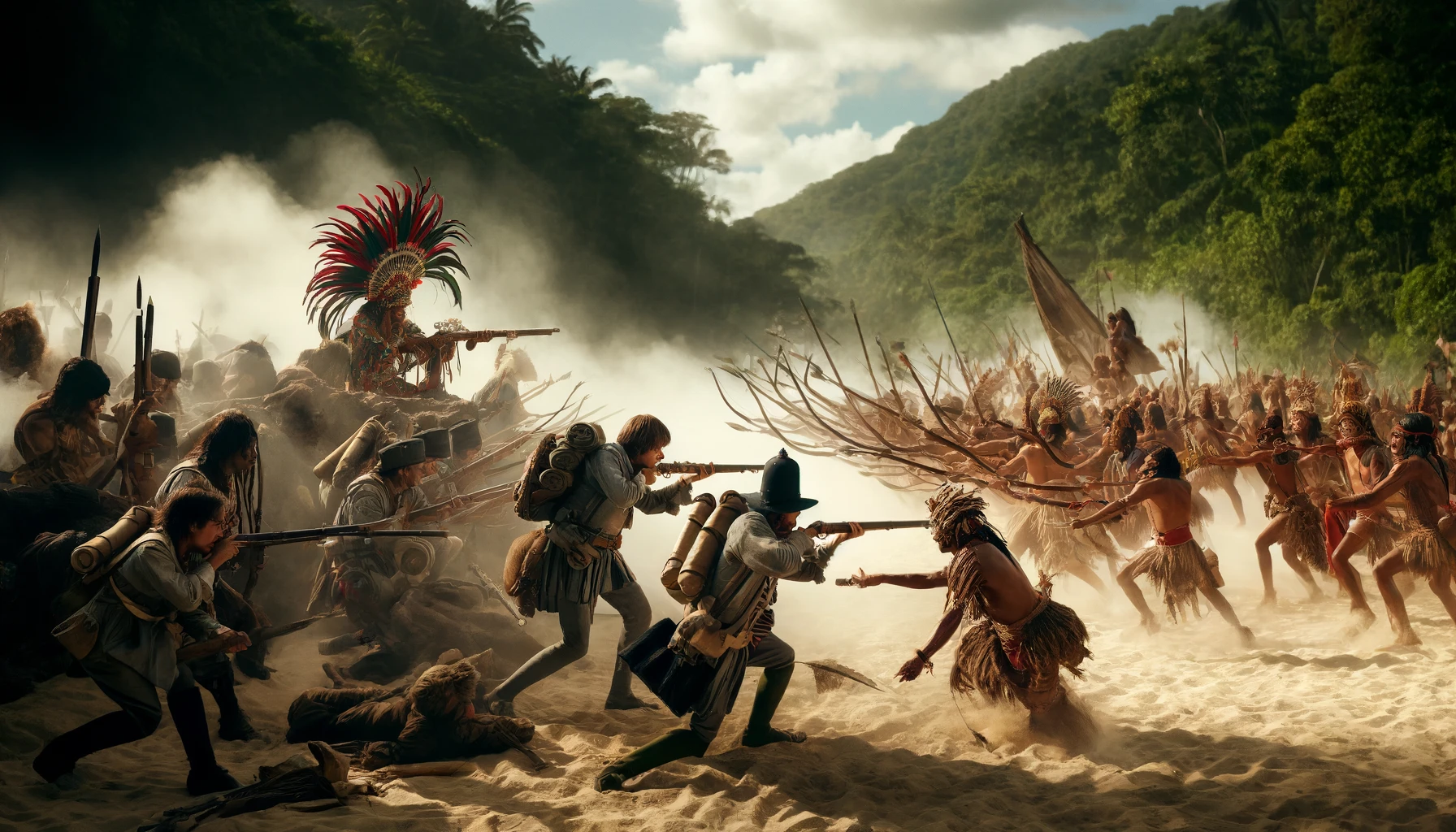 Guerreiros portugueses lutando contra indígenas brasileiros no século XVI